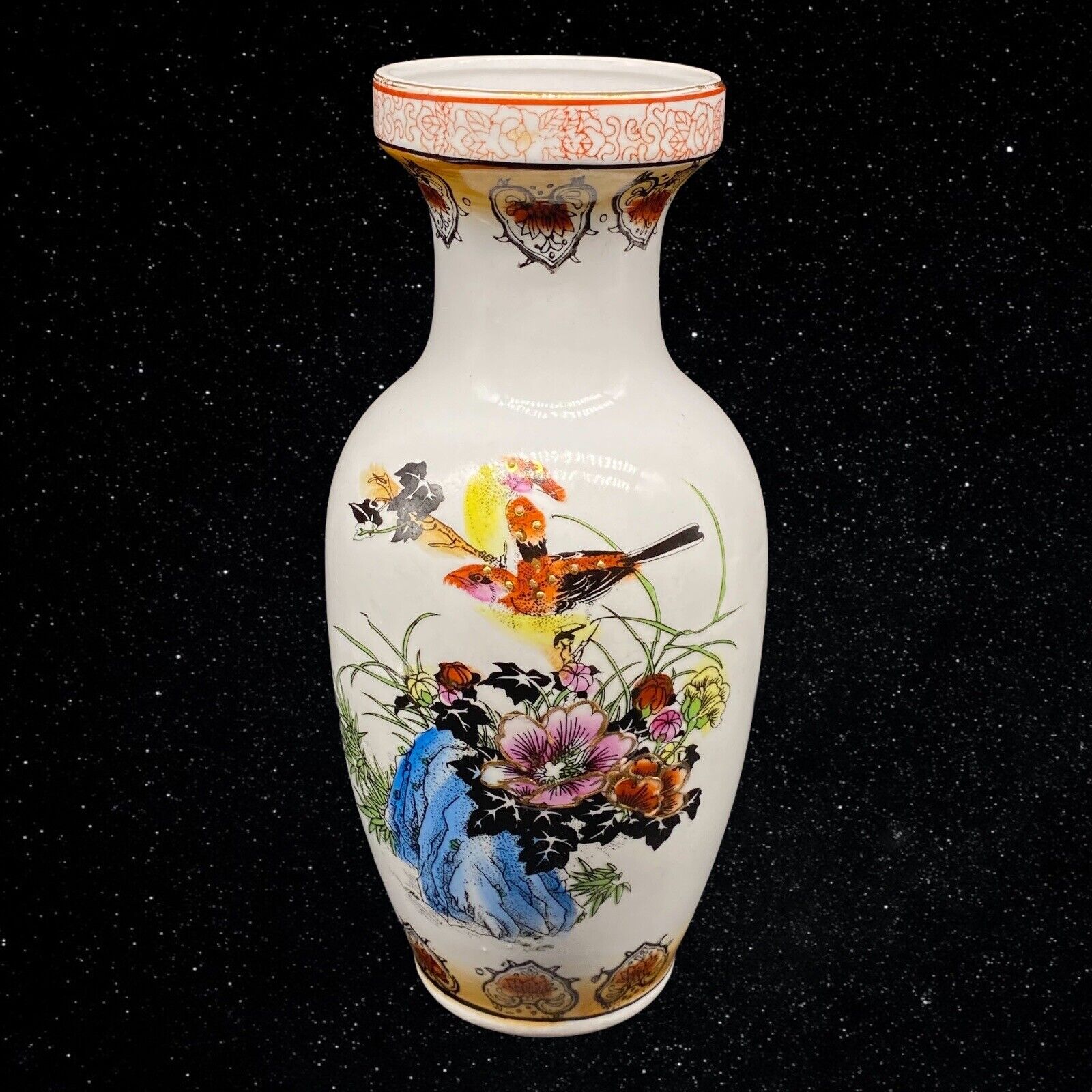 Vintage Oriental Porcelain Floral Birds Hand Painted Vase 10.5”T 4”W