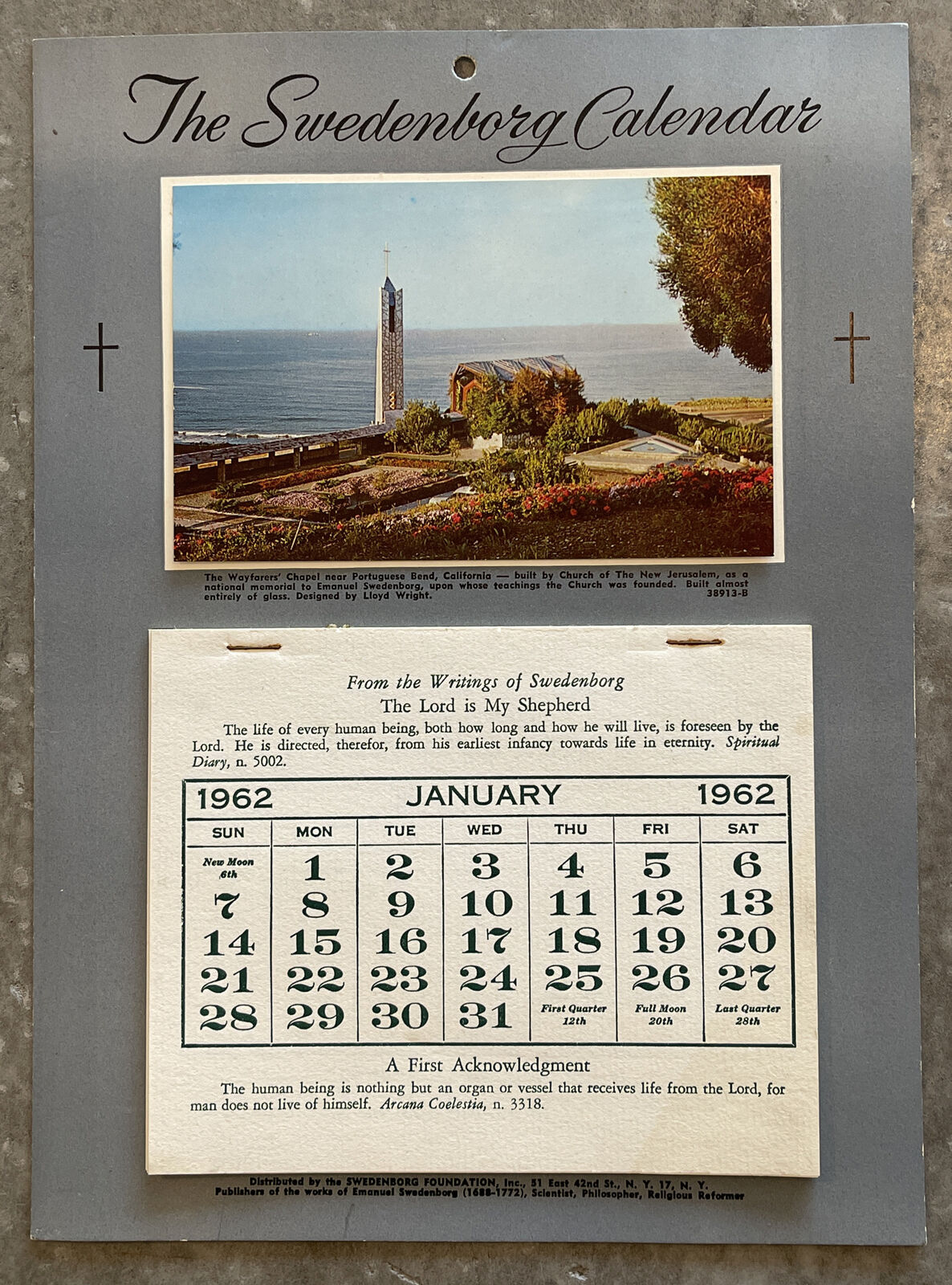 Vintage 1962 Swedenborg Foundation Calendar Wayfarer’s Chapel Lloyd Wright Mint