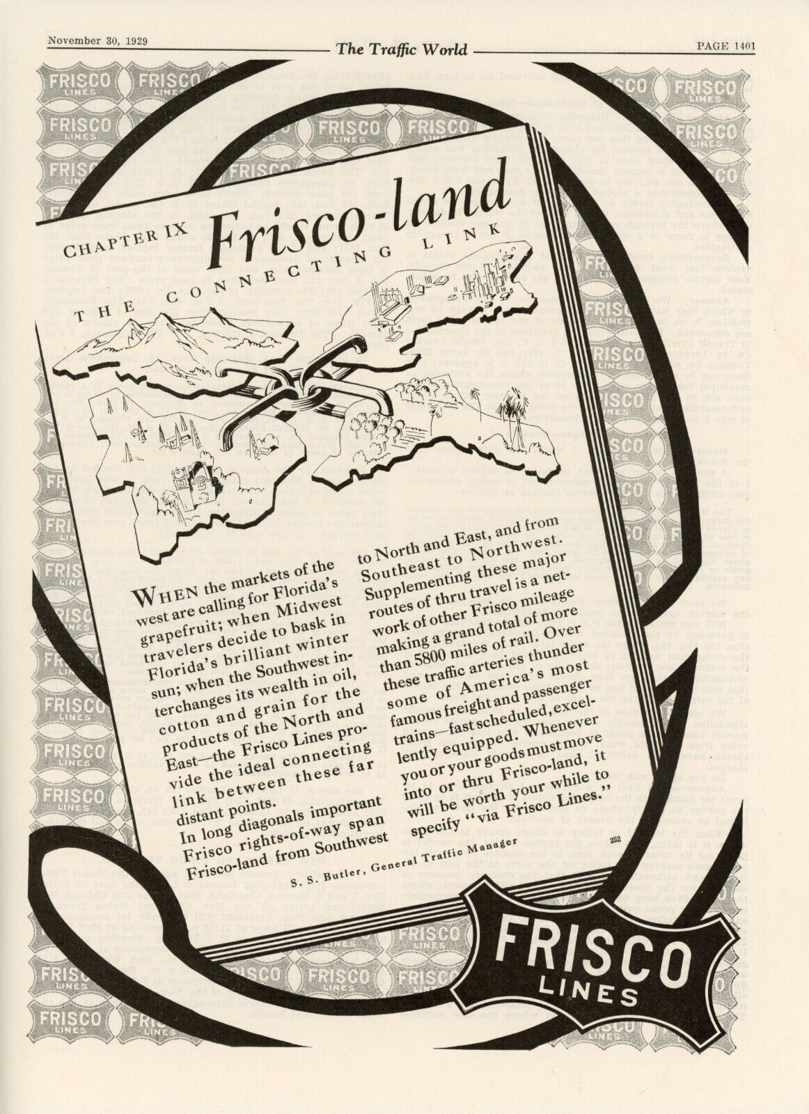 1929 Frisco Lines Vintage Railroad Ad Connecting Link Freight Service Railway