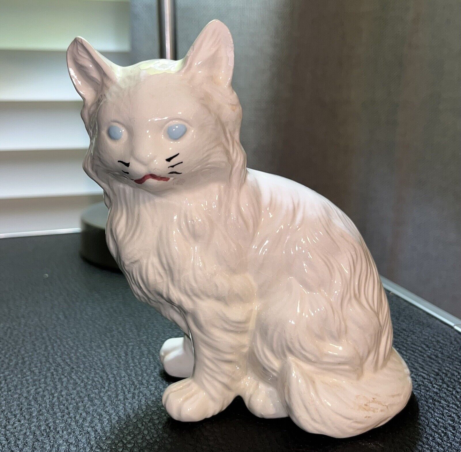 VTG 1969 Ceramic Kitty Cat Hand Painted White Blue Eyes Signed By the Artist