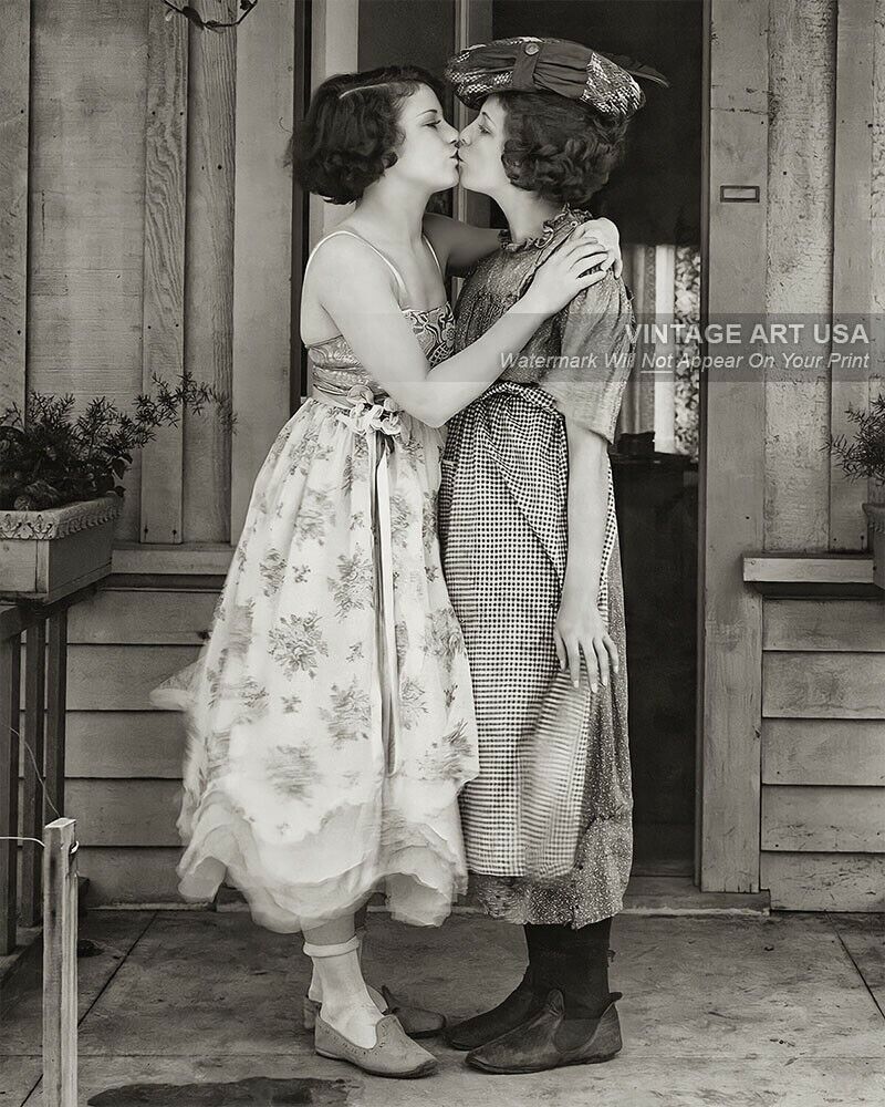Two Beautiful Young Women Kissing on the Porch Photo - c1920 Vintage Photograph