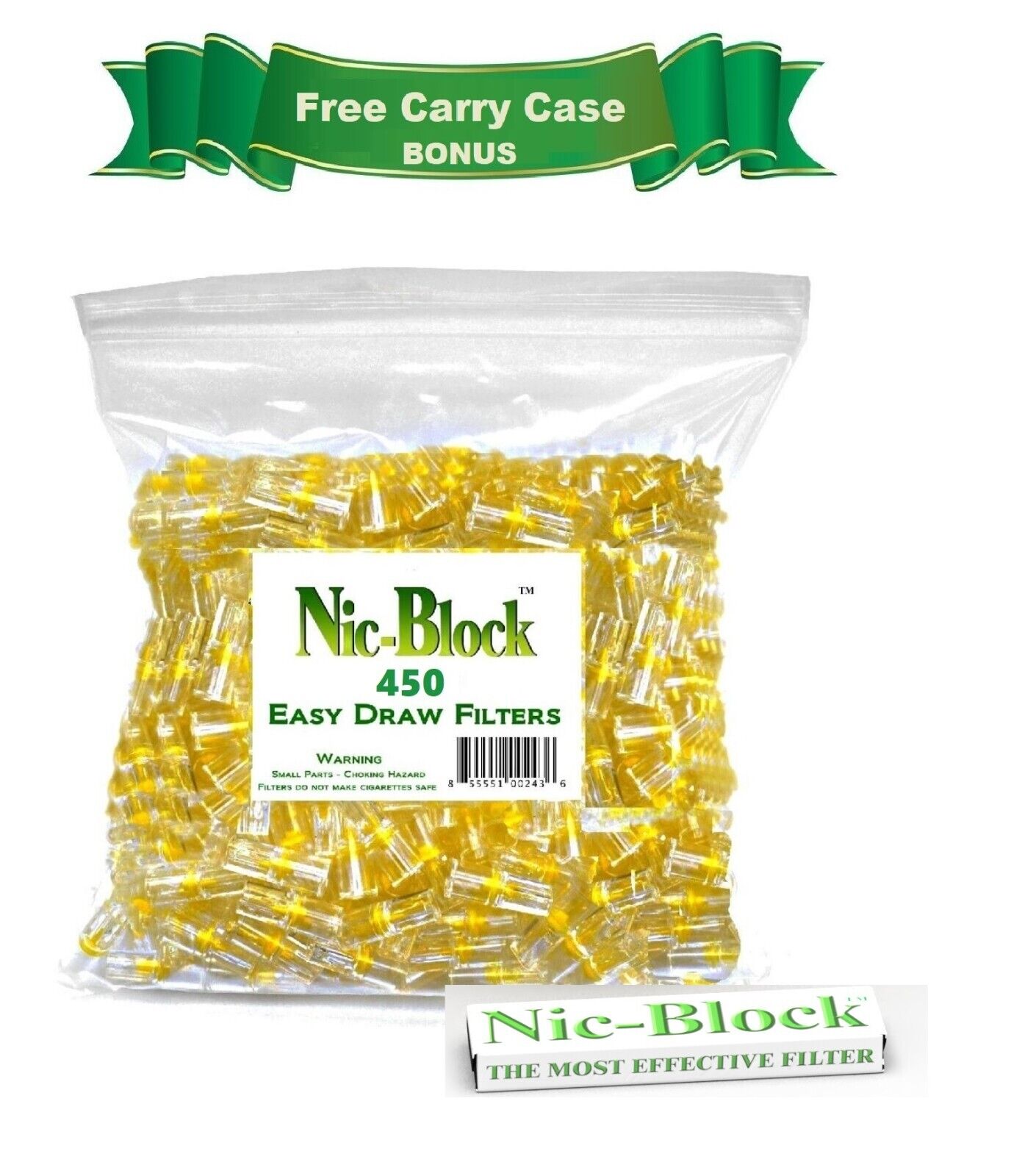 NIC-BLOCK  Cigarette Filters Bulk Economy Pack 450 BONUS FILTERS TIPS FREE CASE