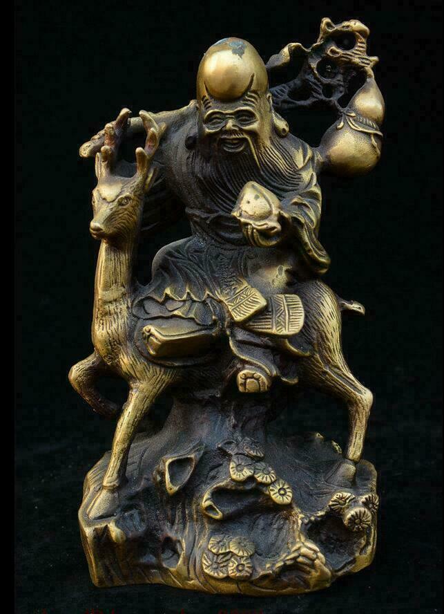 Old China Bronze The God Of longevity Shou xing Shou Star Ride Deer Gourd Statue