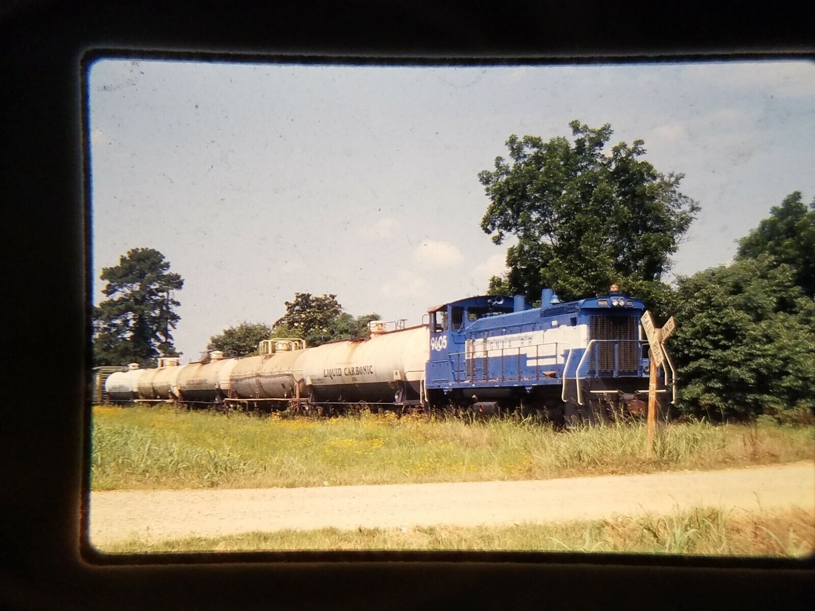 ZI03 TRAIN SLIDE Railroad Short Line Blue/White Engine pulling Liquid Carbonic