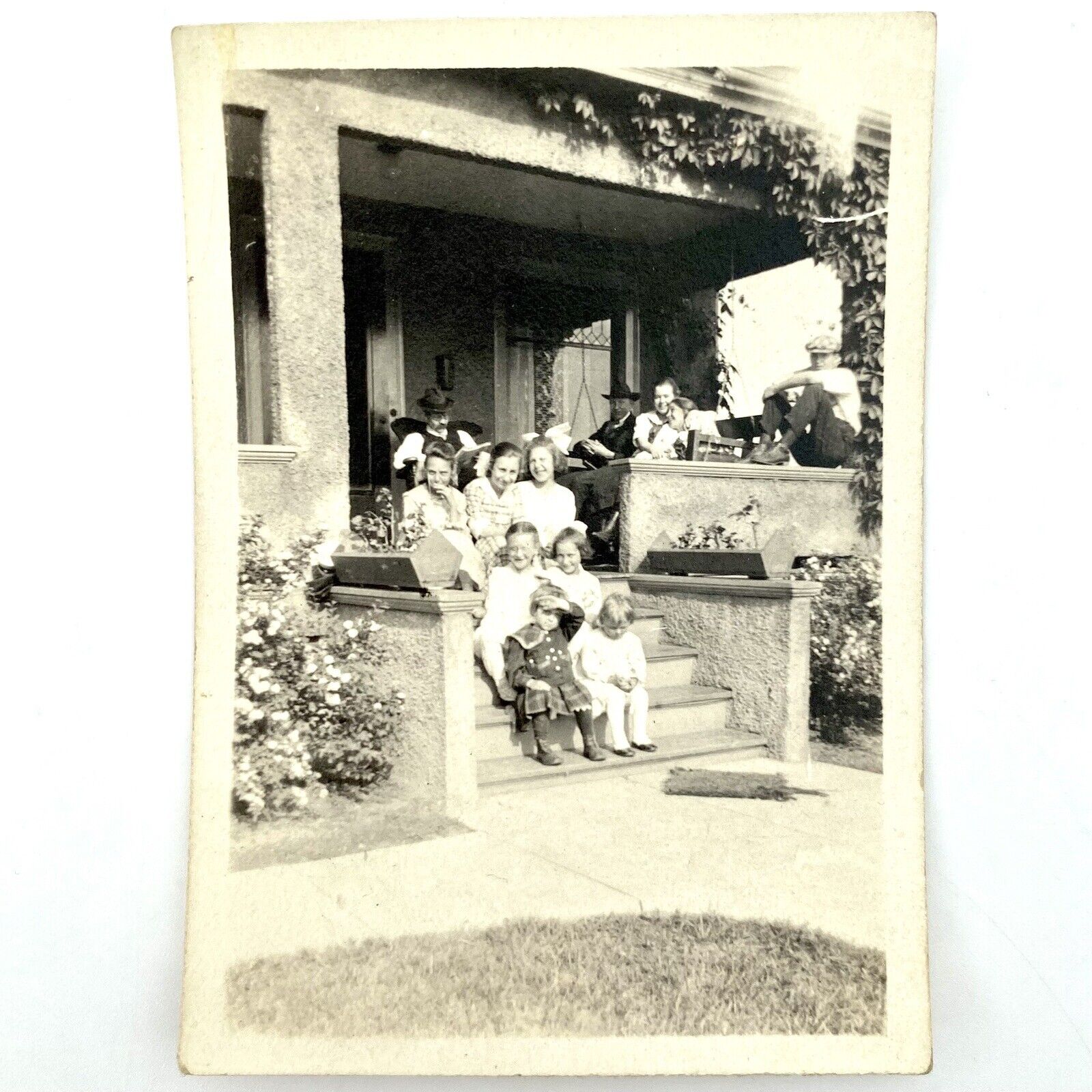 Antique Family Photo On Steps Of Home 1919 House Ivy Front Porch Rocking Chair