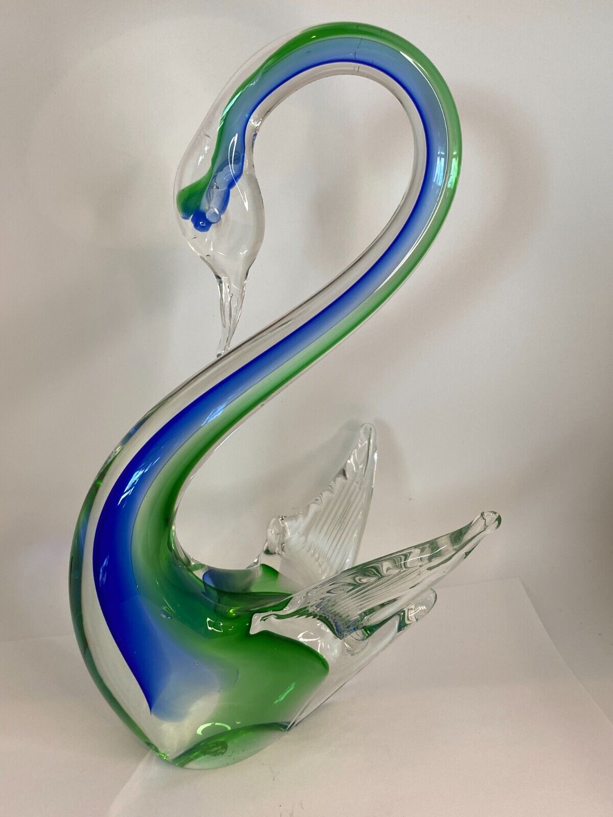 Glass Swan Figurine Long Neck Clear with Blue Green Collectible 10.5\