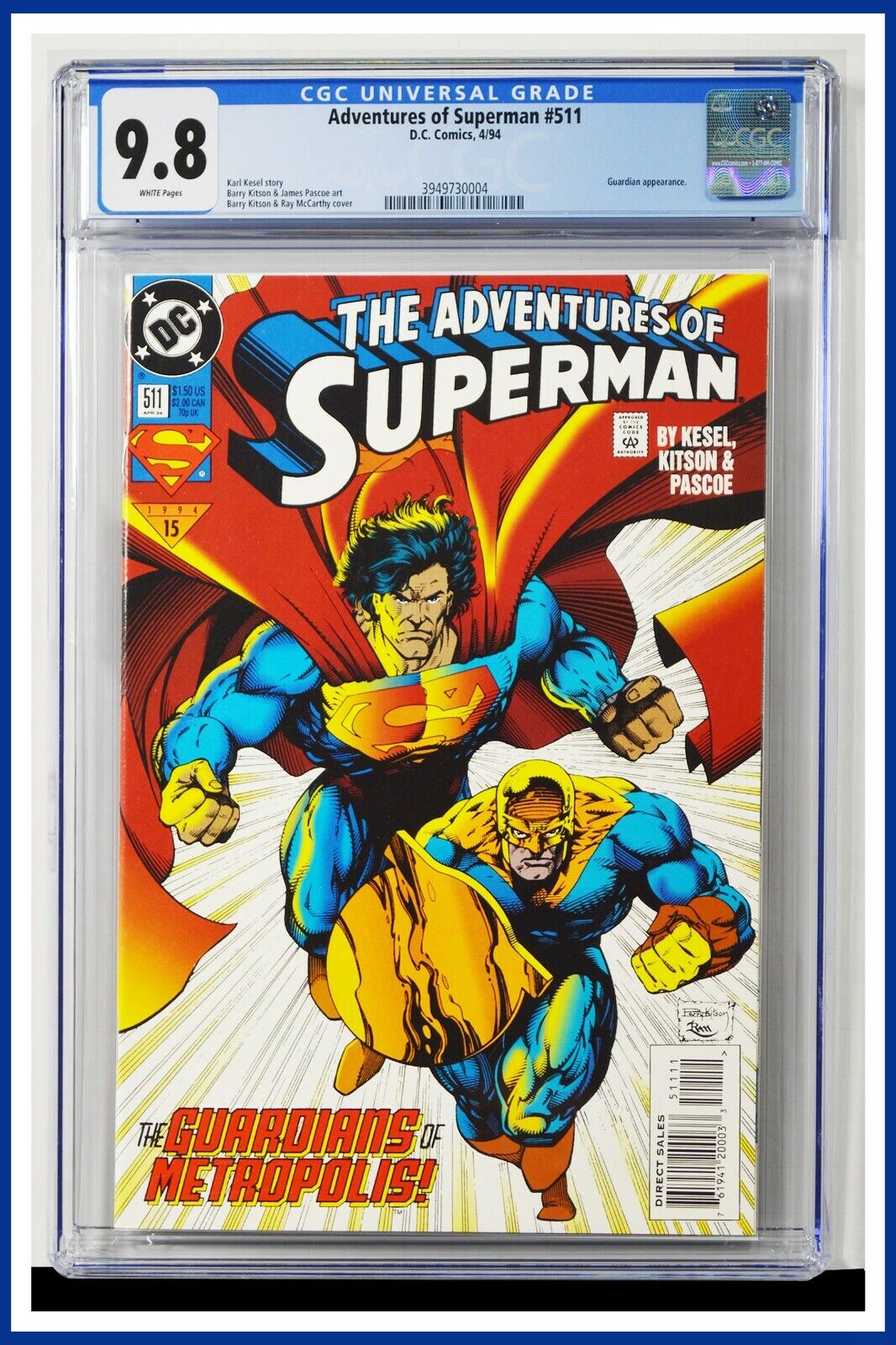 Adventures Of Superman #511 CGC Graded 9.8 DC April 1994 White Pages Comic Book.