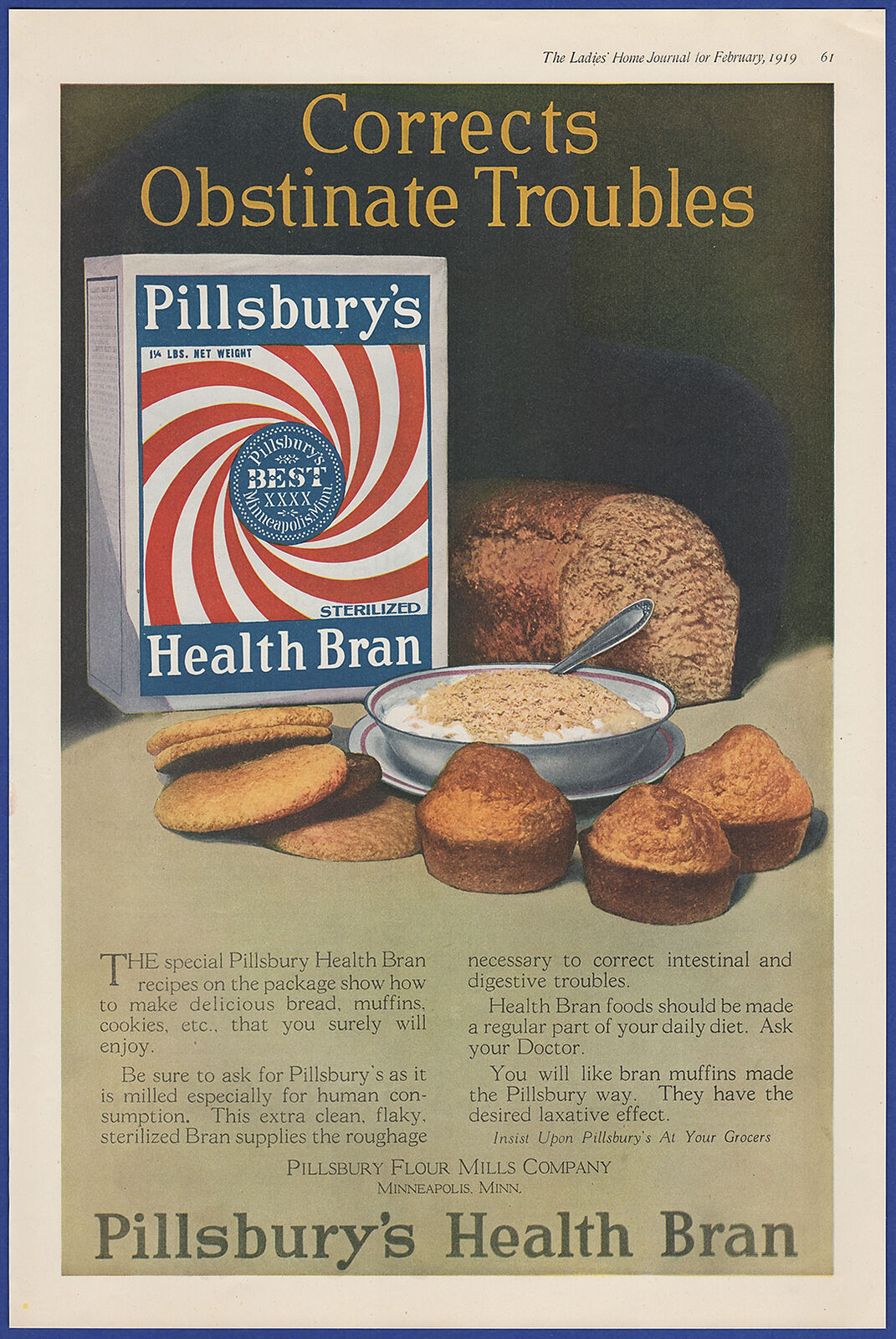 Vintage 1919 PILLSBURY\'S Health Bran Food Kitchen Art Décor Ephemera Print Ad