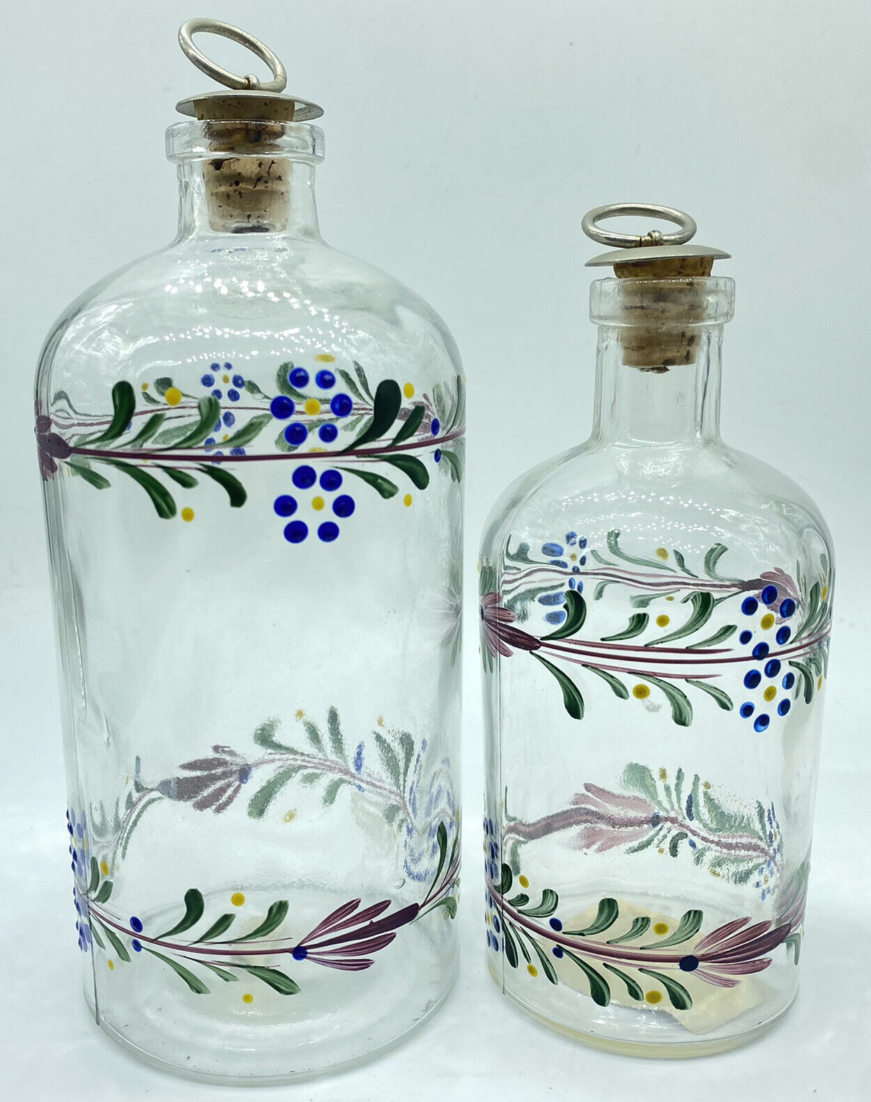 Vtg Shafford Hand Painted Oil & Vinegar Floral Glass Bottle w/ Cork Cap Portugal