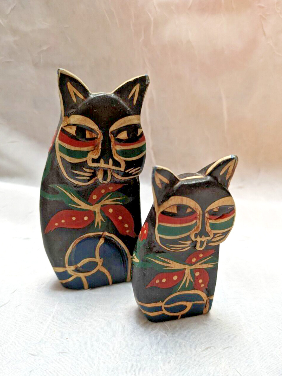 Vintage Laurel Burch Small Handpainted Wooden Folk Art Black Cats  Set of 2