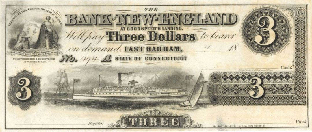 Bank of New England $3 - Obsolete Notes - Paper Money - US - Obsolete