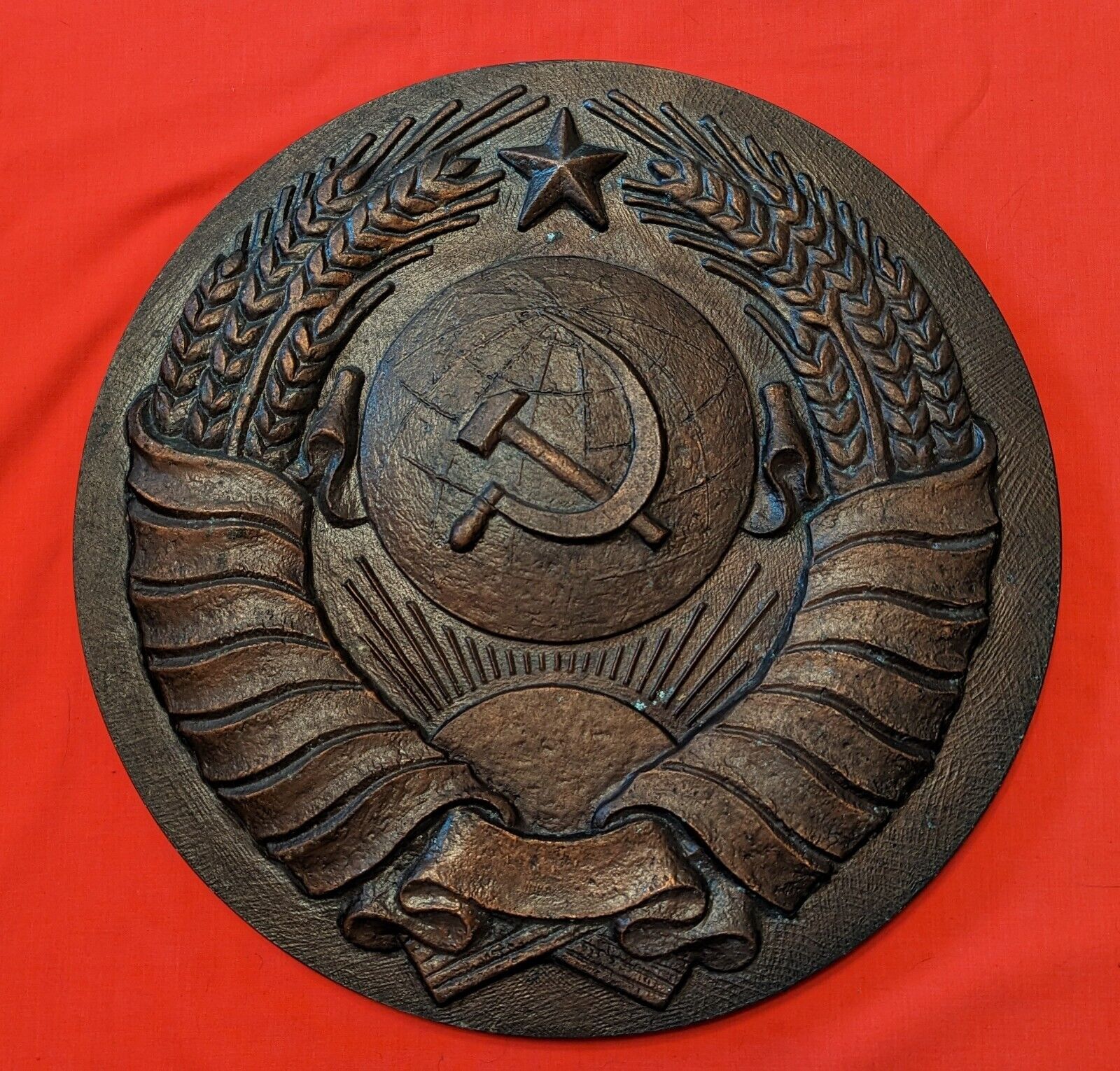 Original Vintage Soviet USSR Coat Of Arms Wall Plaque Bas Relief Cast Metal