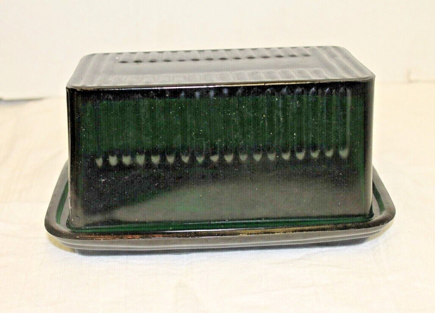 Large Dark Green Glass Butter Dish Embossed Retro Depression Style