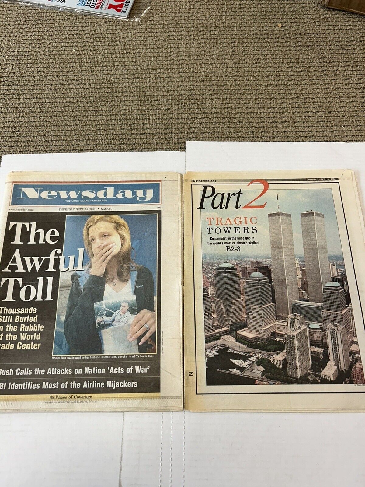NEWSDAY LONG ISLAND NEWSPAPERS SEPTEMBER 13, 2001 TWIN TOWERS EXCELLENT CONDITIO