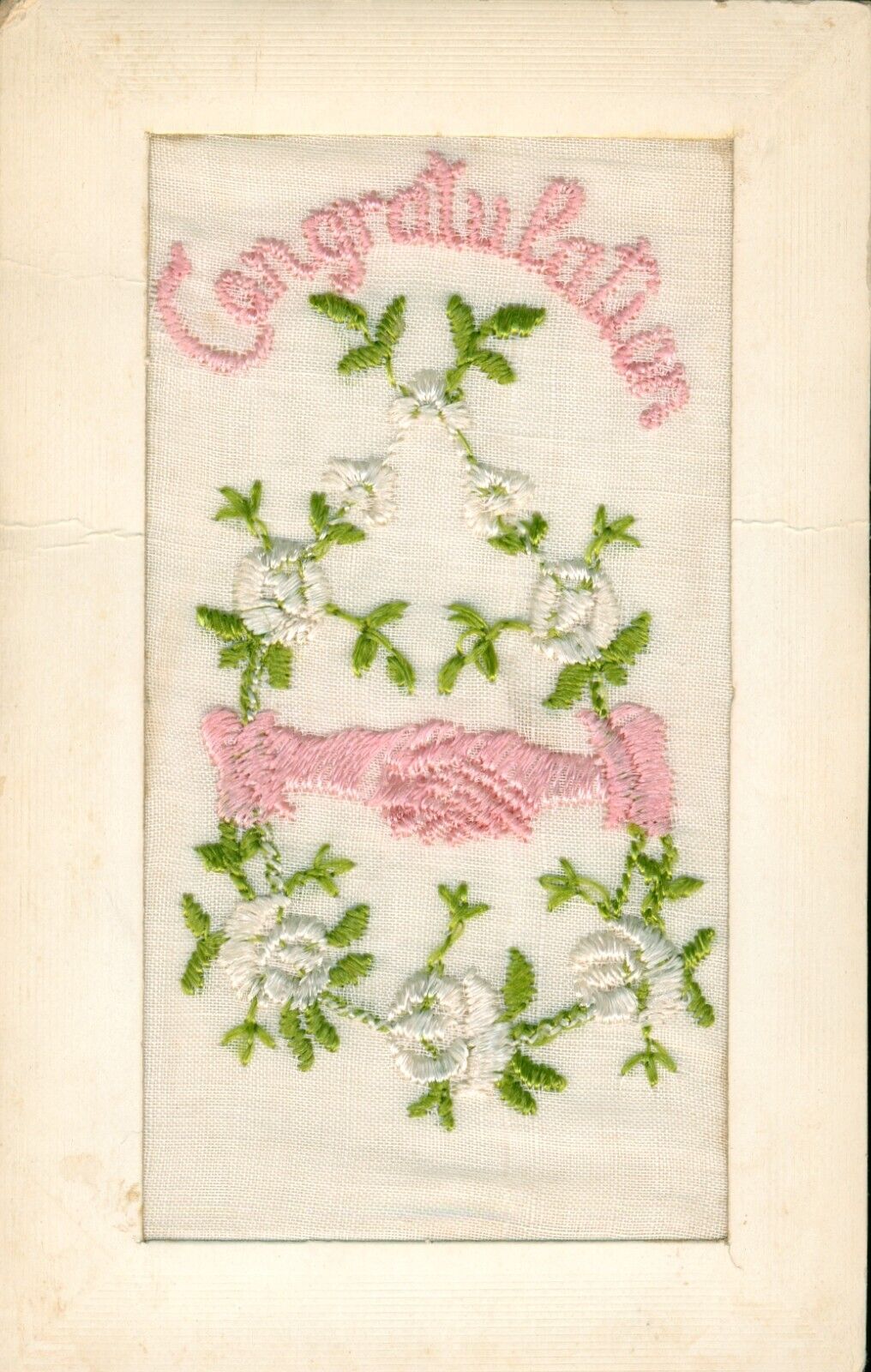 Embroidered Silk Congratulations Postcard~Antique~Pink Handshake~White Roses