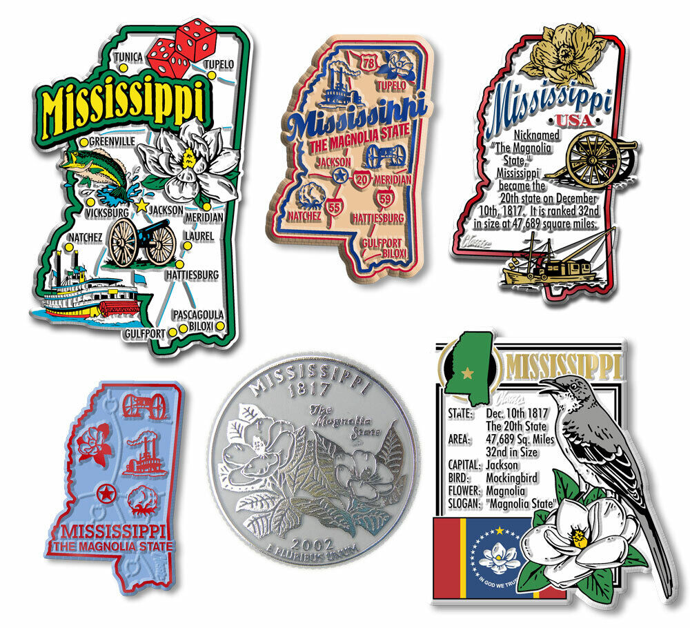 Mississippi Six-Piece State Magnet Set by Classic Magnets, Includes 6 Designs