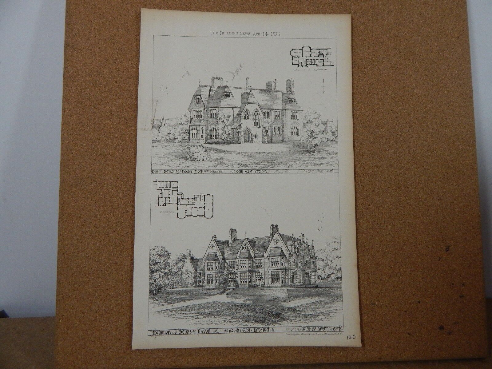 Antique Architects Print nostell Parsonage york &  Delamere House Devon 1876