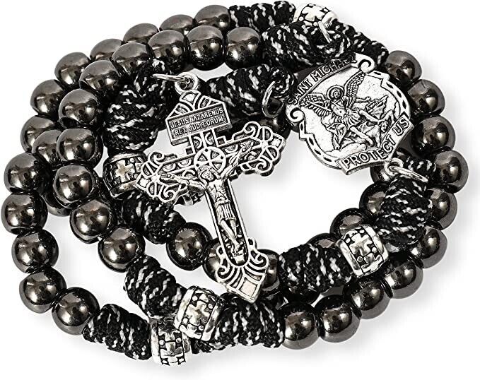 St. Michael Paracord Rosary Beaded Necklace Gun Black Metal Beads Men Rosary 20\