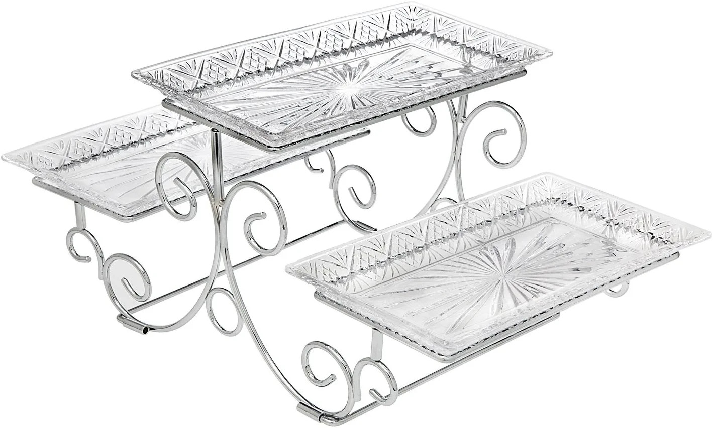 Tiered Glass Buffet Serving Tray Chrome Plated Platter Stand Silver NEW