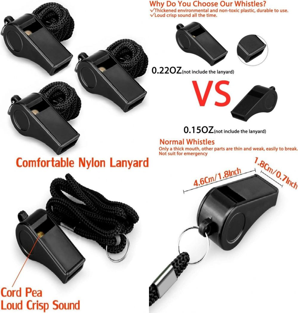 Hipat Whistle, 3 Packs Plastic Sports Whistles with Lanyard, Loud Crisp Black 