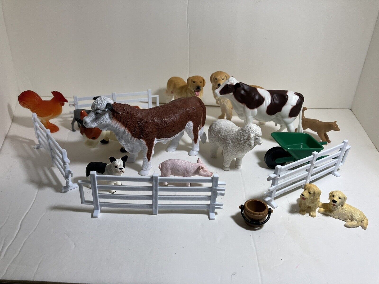 Vintage lot of 19 Farm Animals Dogs Wheel Barrow Fence Cows