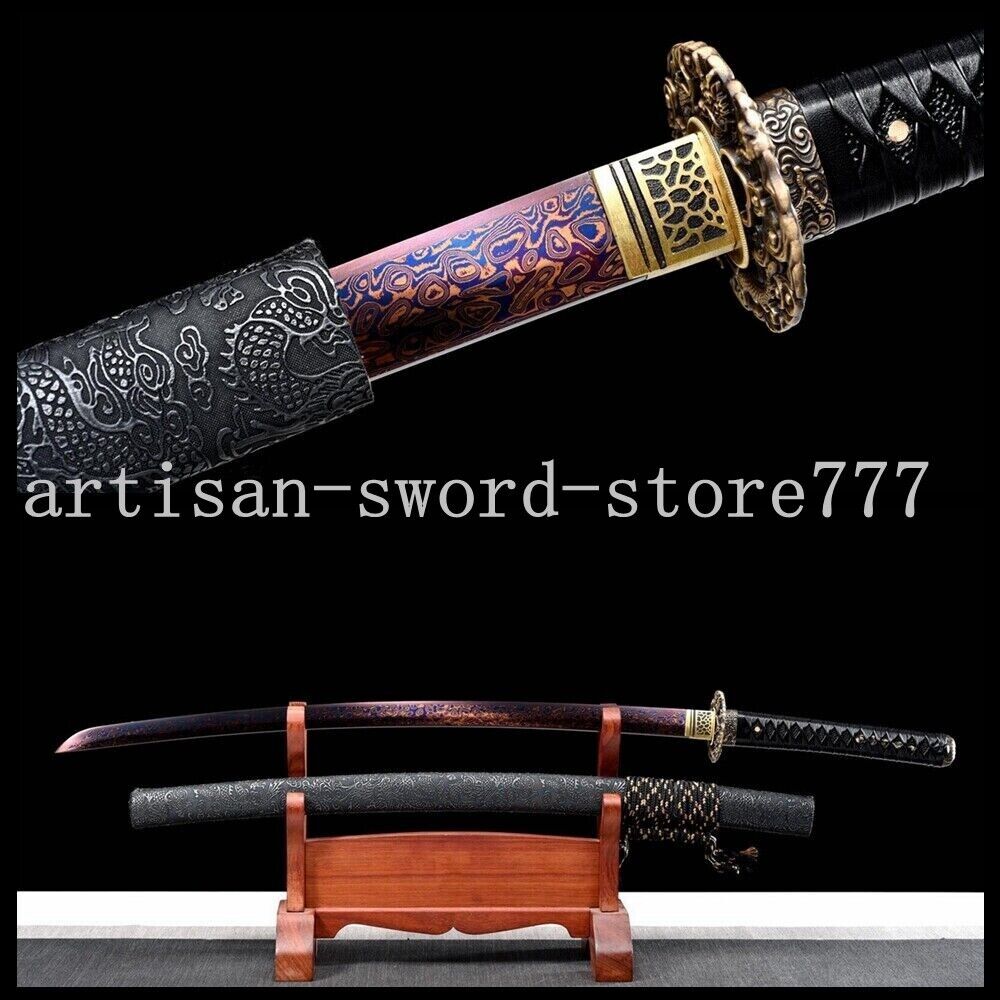 40'' Dragon Katana Red & Blue Damascus Folded Steel Japanese Samurai Sharp Sword