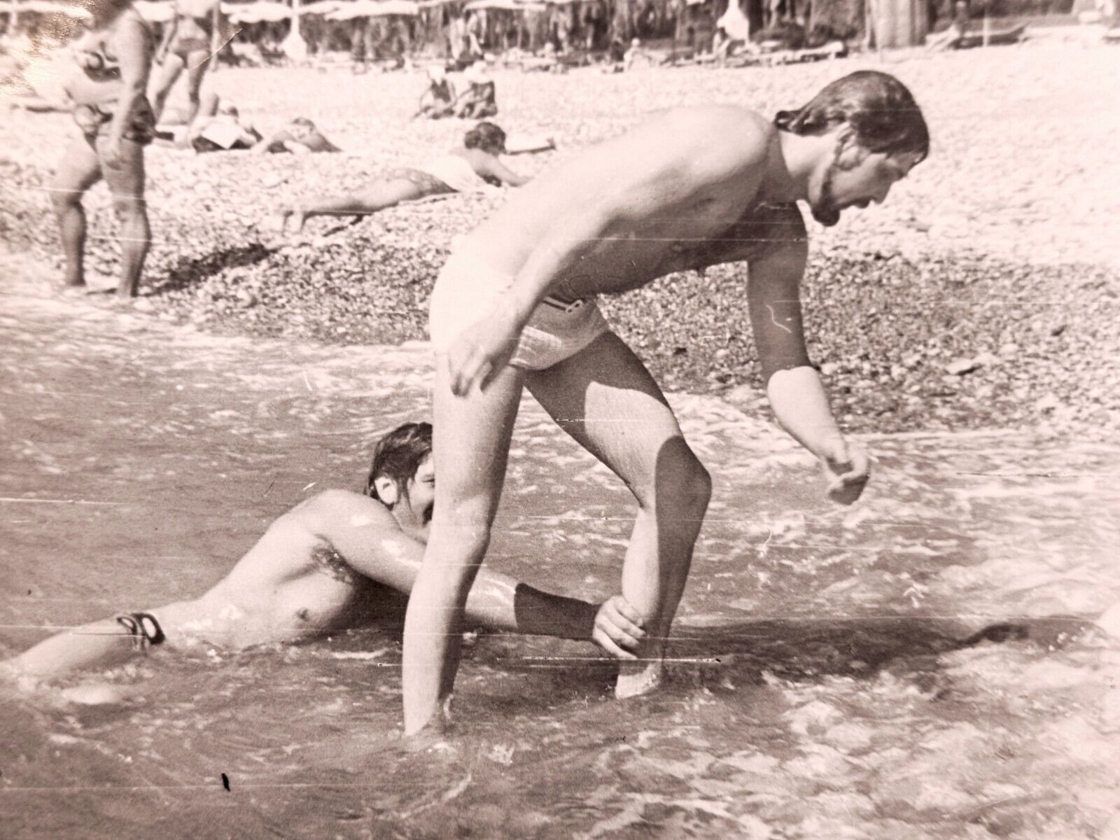 1970s Shirtless Men Affectionate Guys Bulge Trunks Beach Gay in Vintage Photo