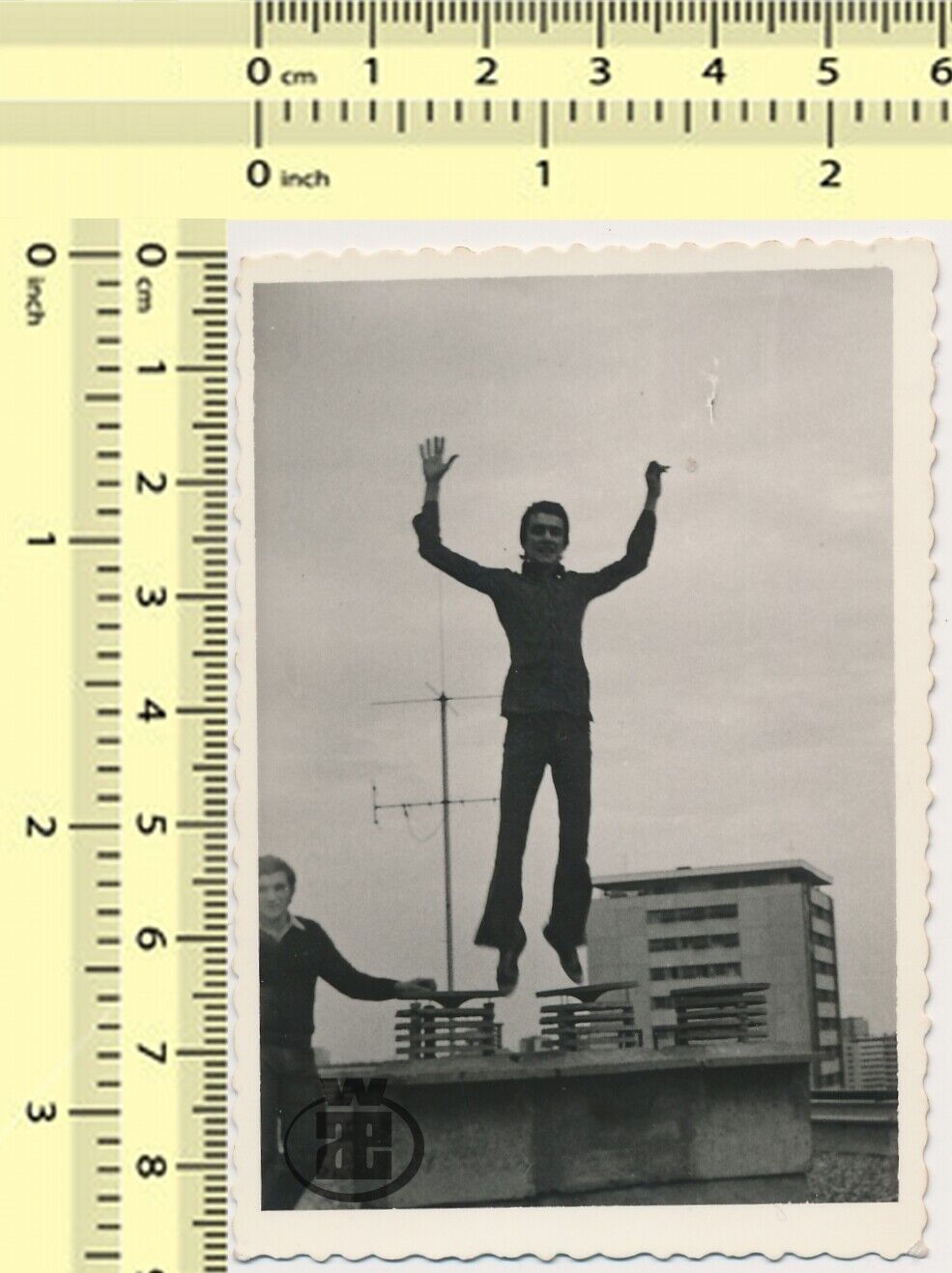 #086 1970\'s Man Jump Abstract, Guys on Roof Fly Motion Surreal in Air old photo