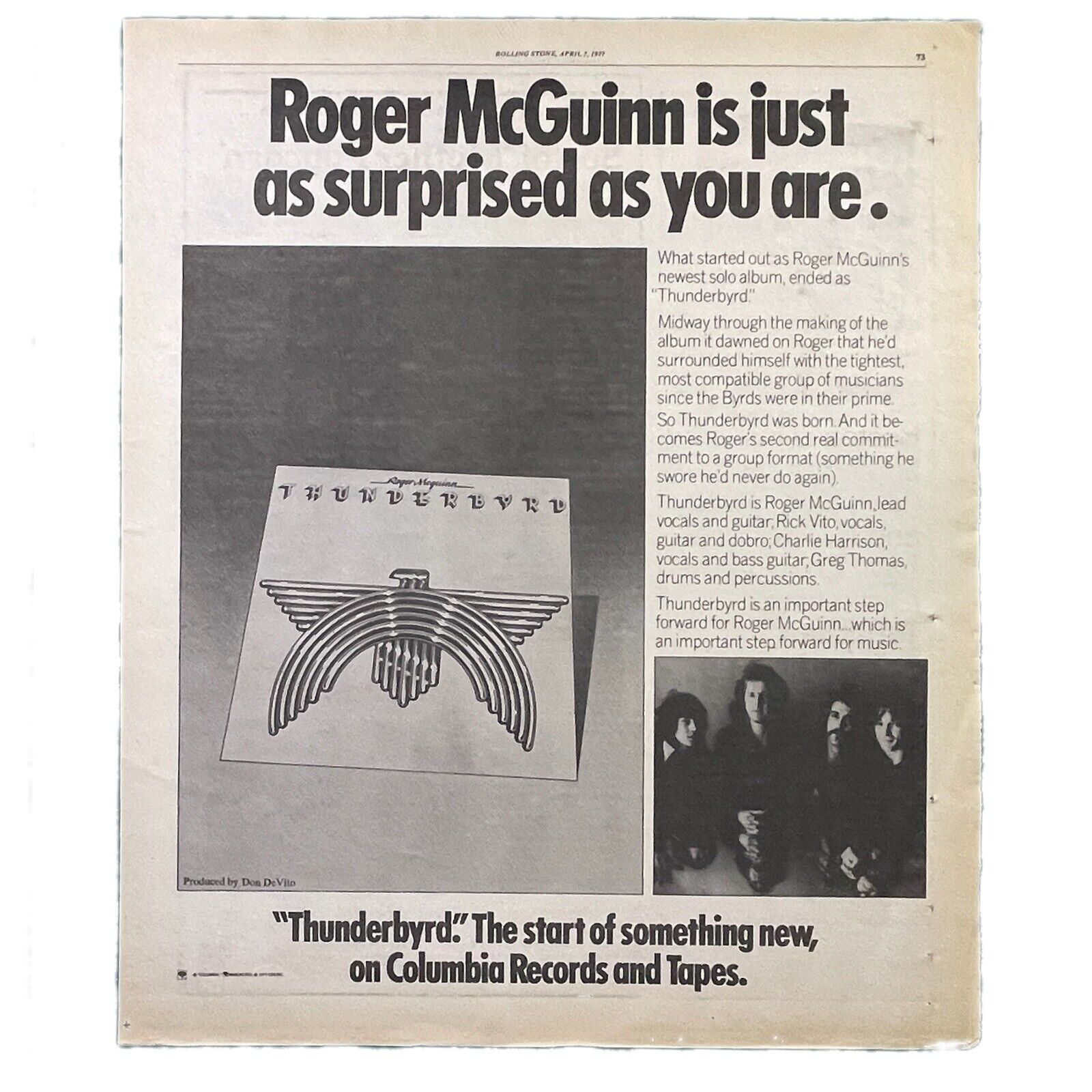 Roger McGuinn Thunderbyrd Print Ad 1977 Vintage 70s Rock Music Retro