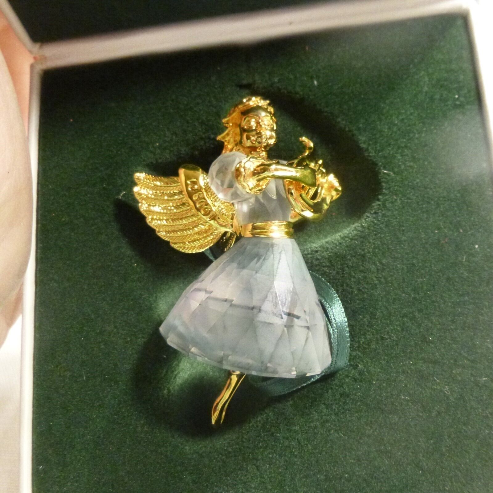 SWAROVSKI 1998 Gold Plated Crystal Angel Ornament w Harp - Limited Edition - MIB