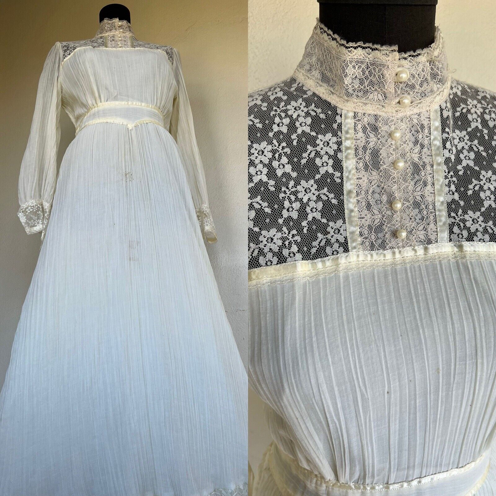 VTG 1960\'s Prairie Boho Gauze Lace Ruffle Flounce Pearls Bridal Long Dress Small
