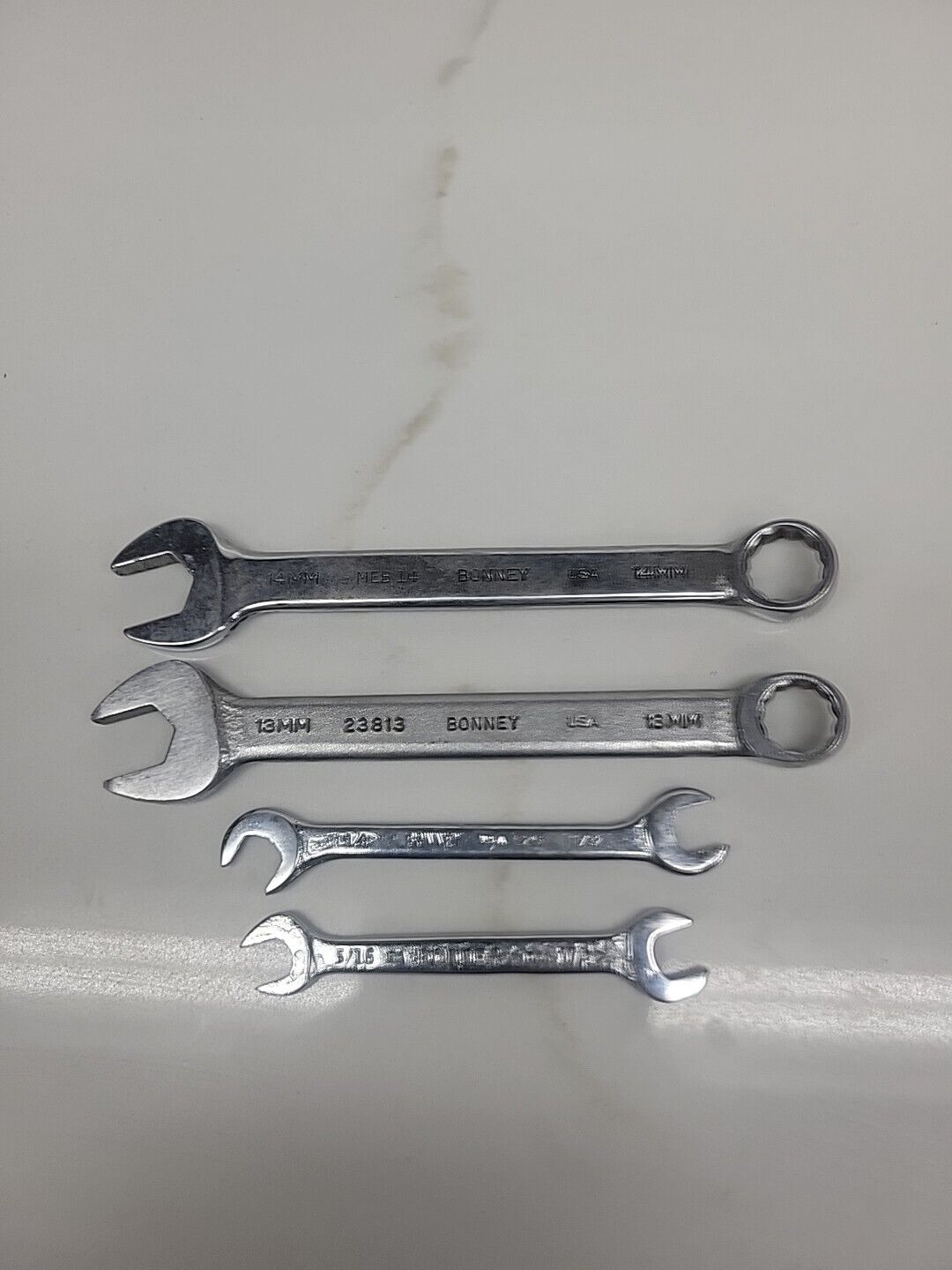 4- VINTAGE BONNEY COMBINATION WRENCHES 14mm,13mm,3/8,5/16,11/32 