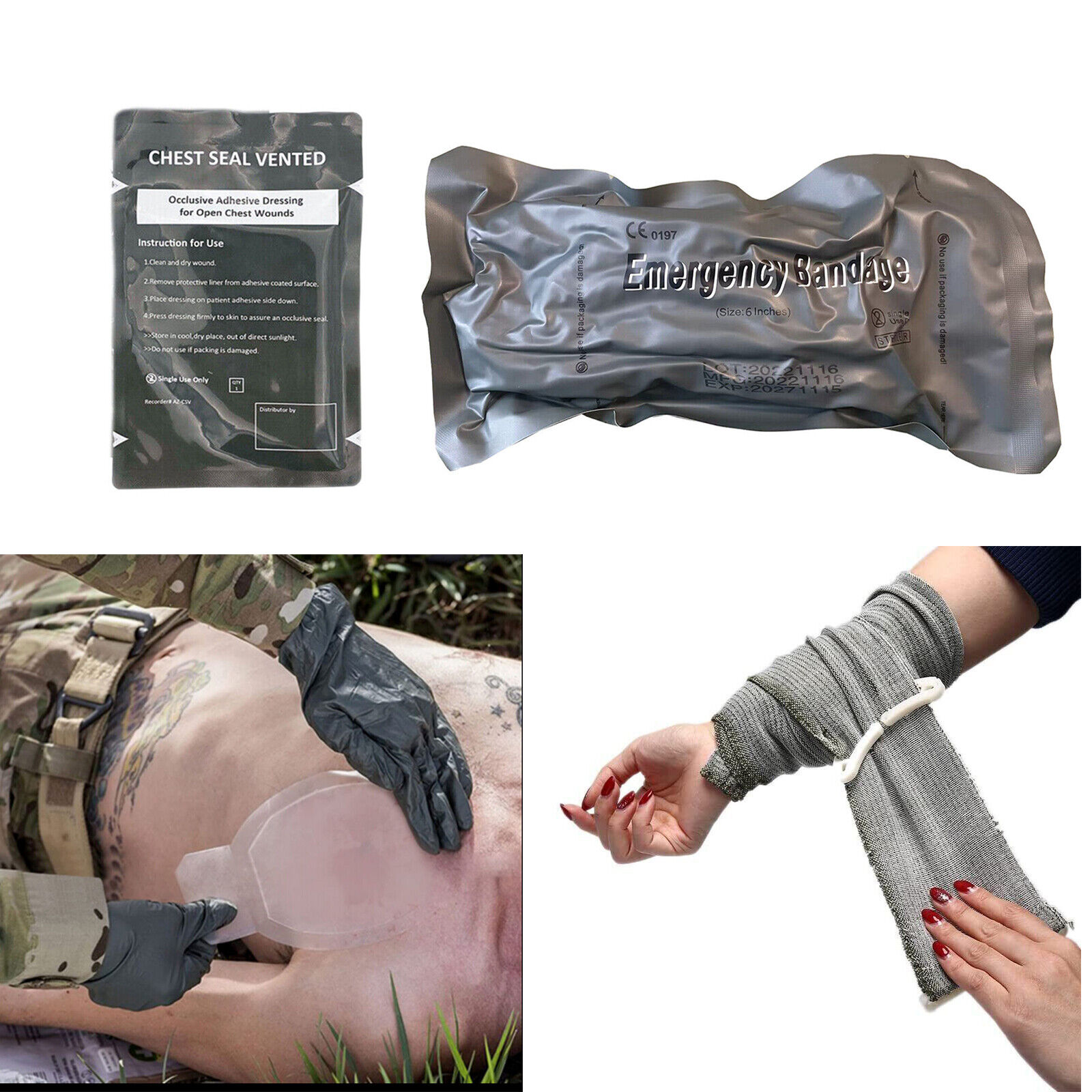 6\'\' Israeli Emergency Bandage + 4 Vented Chest Seal -  2PCS IFAK First Aid Kit