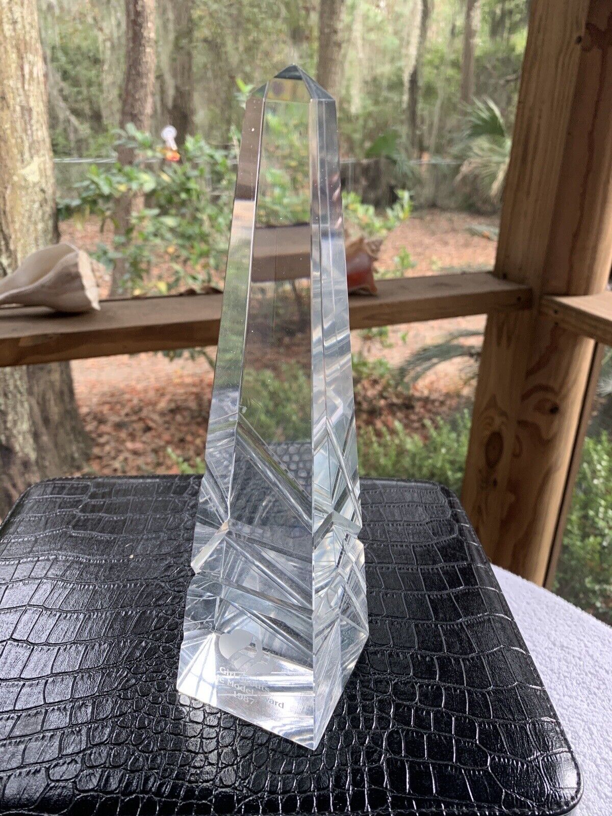 Vintage Girl Scouts Award Role Model Clear Crystal Obelisk 10” Tall Etched 1987