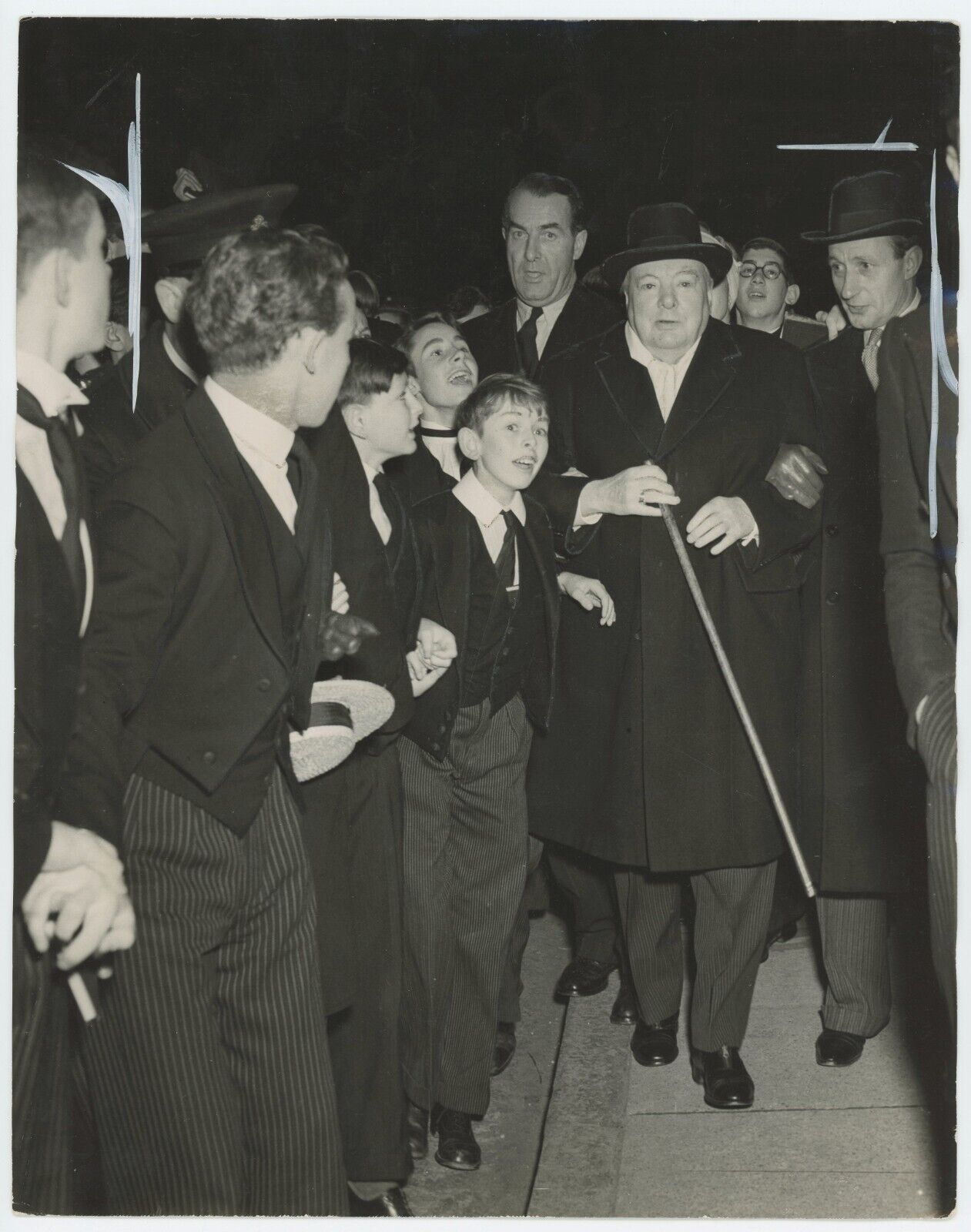 7 November 1952 press photo of Churchill at Harrow for the annual Songs