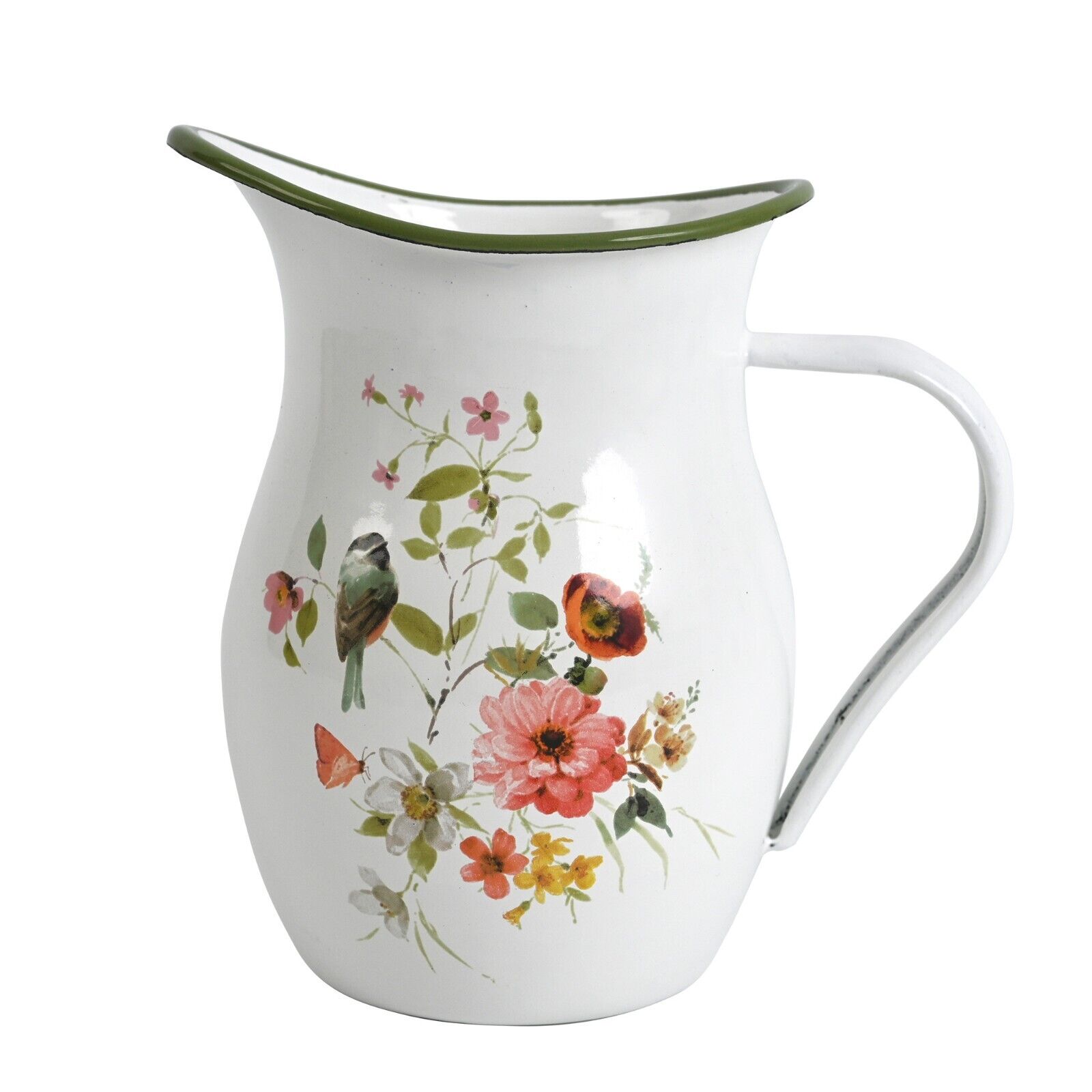 White Enamel Pitcher with Wide Handle Water Jug Pitcher Vase for Flower Kitchen