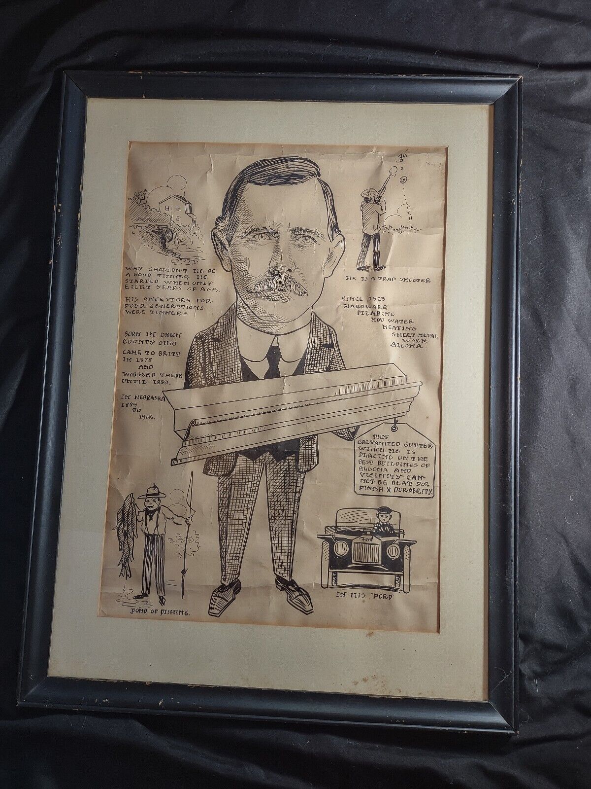 Vtg 1920s Algona Iowa Hardware Store Tinner Gutter Tin Man Caricature Framed  EF