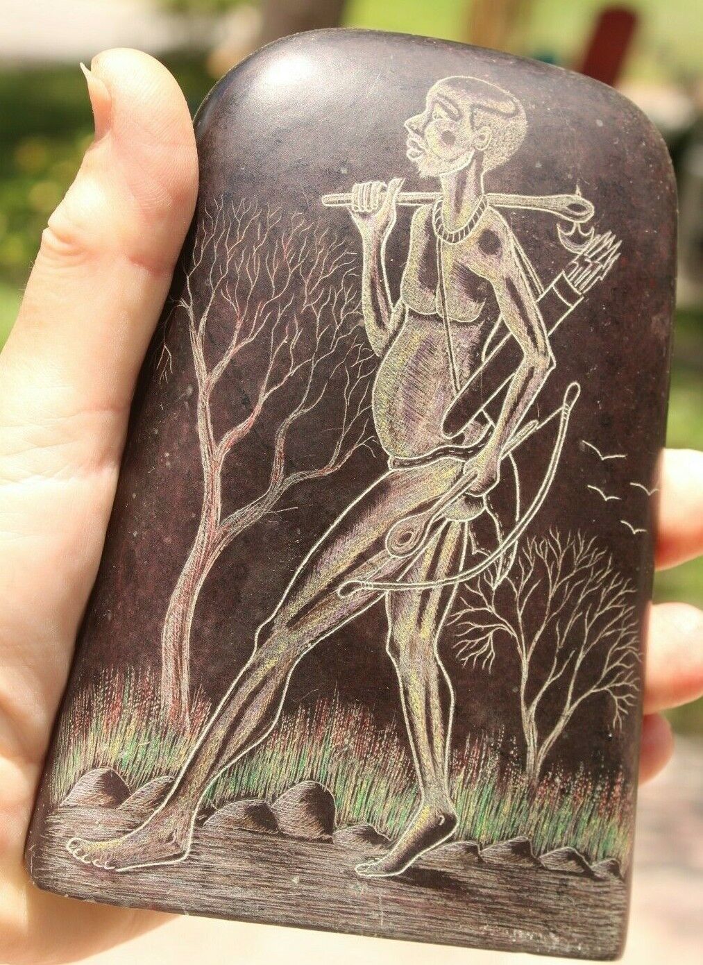 Hand-Carved etch & paint on stone Zimbabwe  - AFRICAN Hunter  by Gift  #126