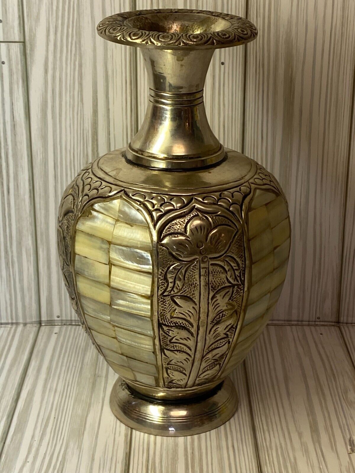 Vintage Solid Brass Mother of Pearl Vase Etched Flower Pattern