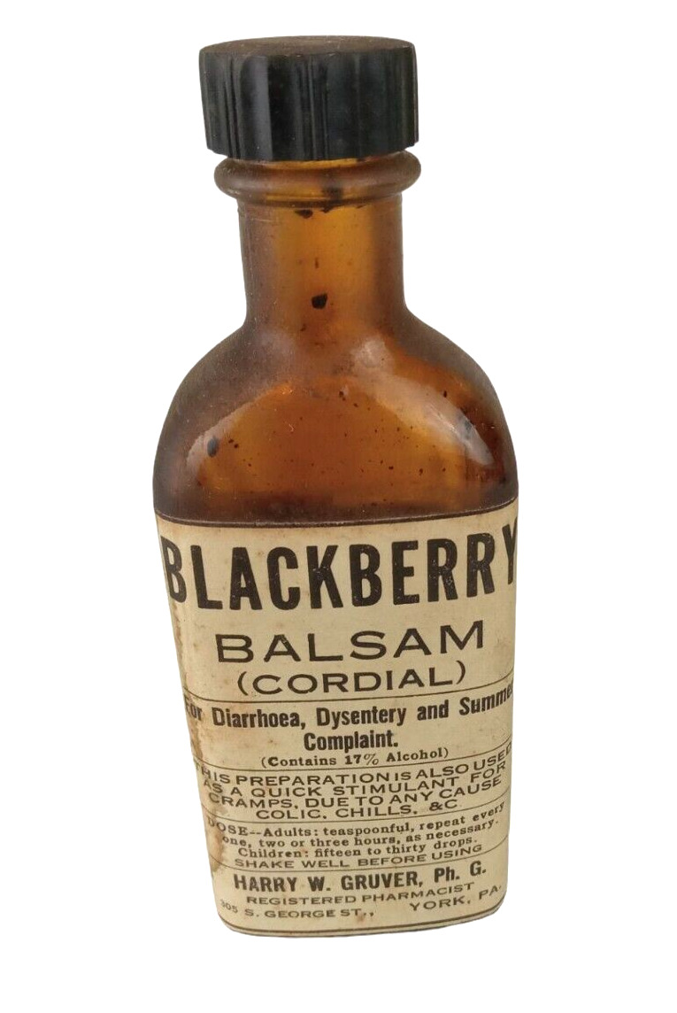 Vintage Pharmacy Medicine Glass Bottle with Paper Label BLACKBERRY BALSAM