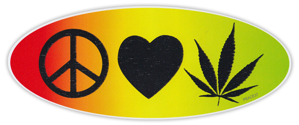 Bumper Sticker Decal - Peace, Love, Marijuana - Pot, 420, Bob Marley One Love