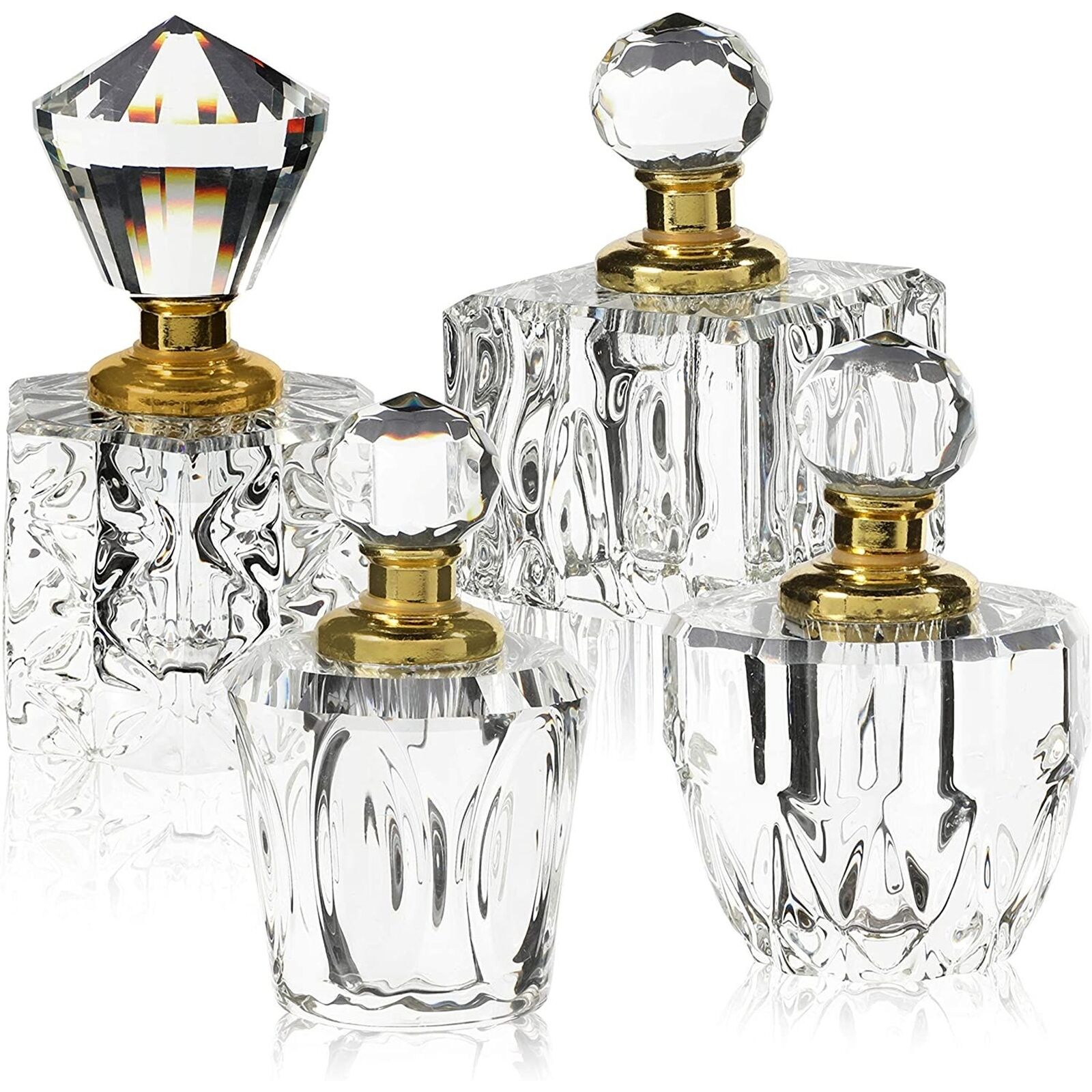 4 Pack Crystal Perfume Bottle Set in 4 Unique Designs, Empty Refillable Bottles