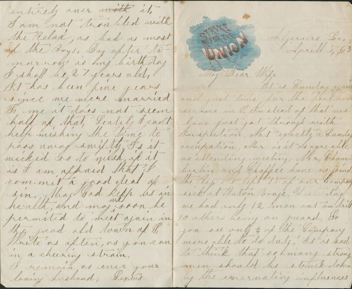 Civil War Letter 53rd Massachusetts Volunteers New Orleans April 1863 Measles