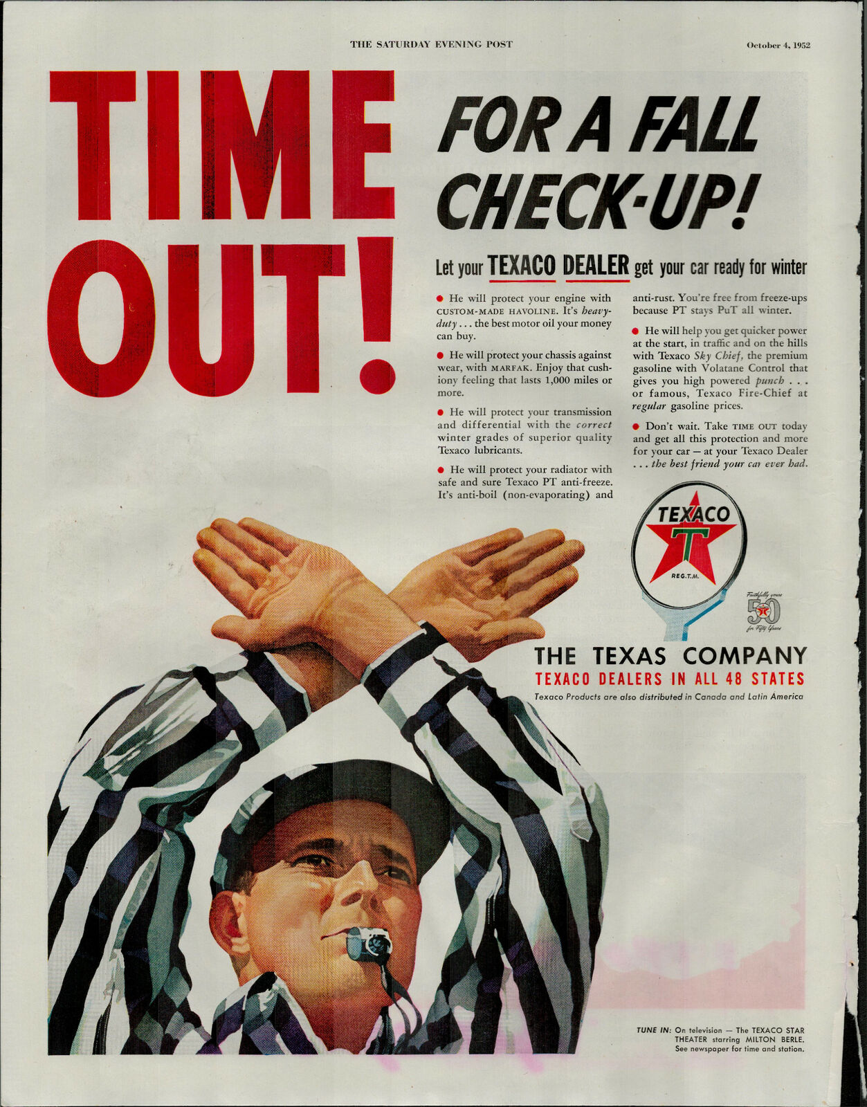 1952 Texaco Gas Referee Blowing Whistle Time Out Vintage Print Ad 1811