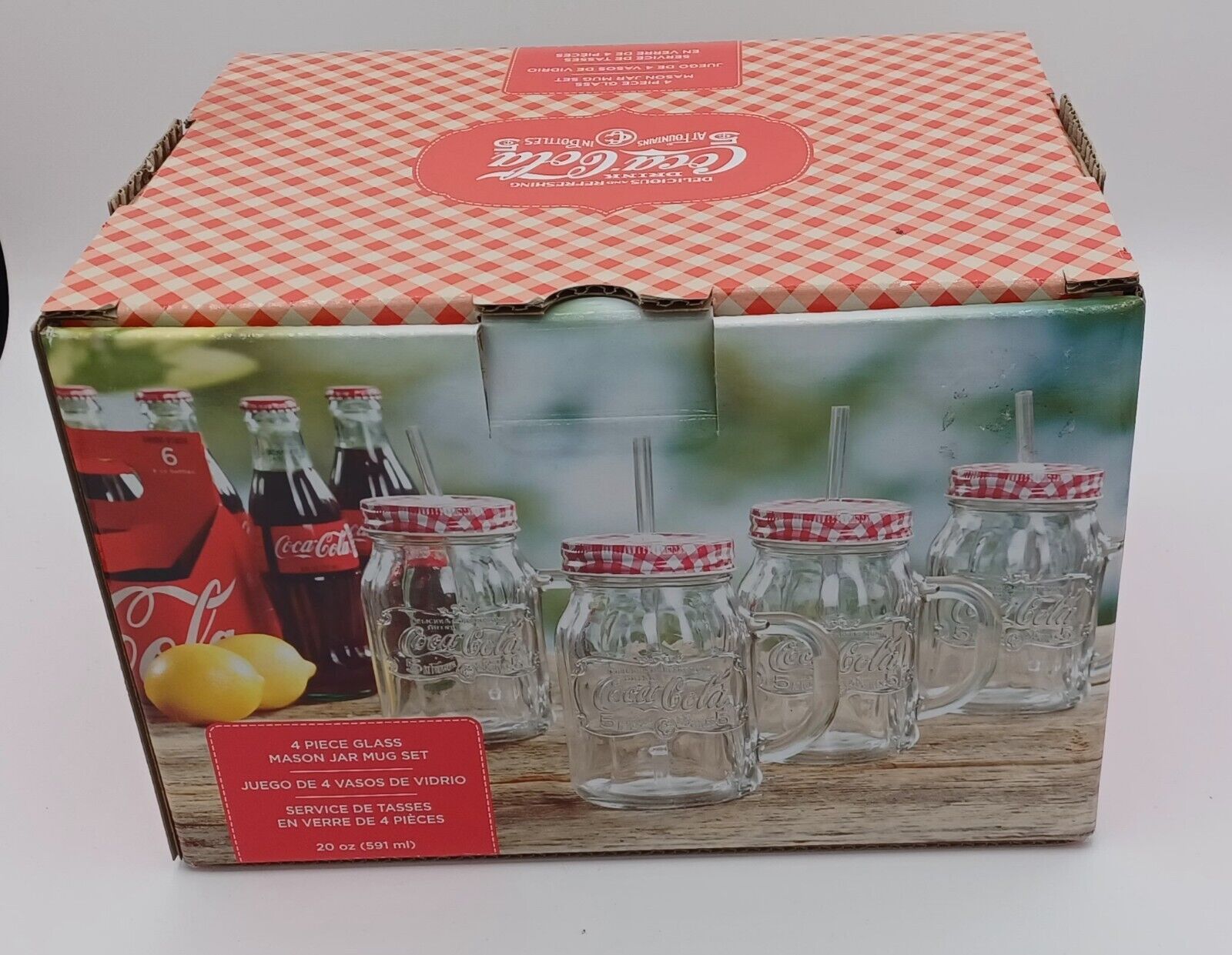 Coca-Cola Country Classic 4 pc 20 oz Mason Jar W/Lid & Straw Clear Embossed New