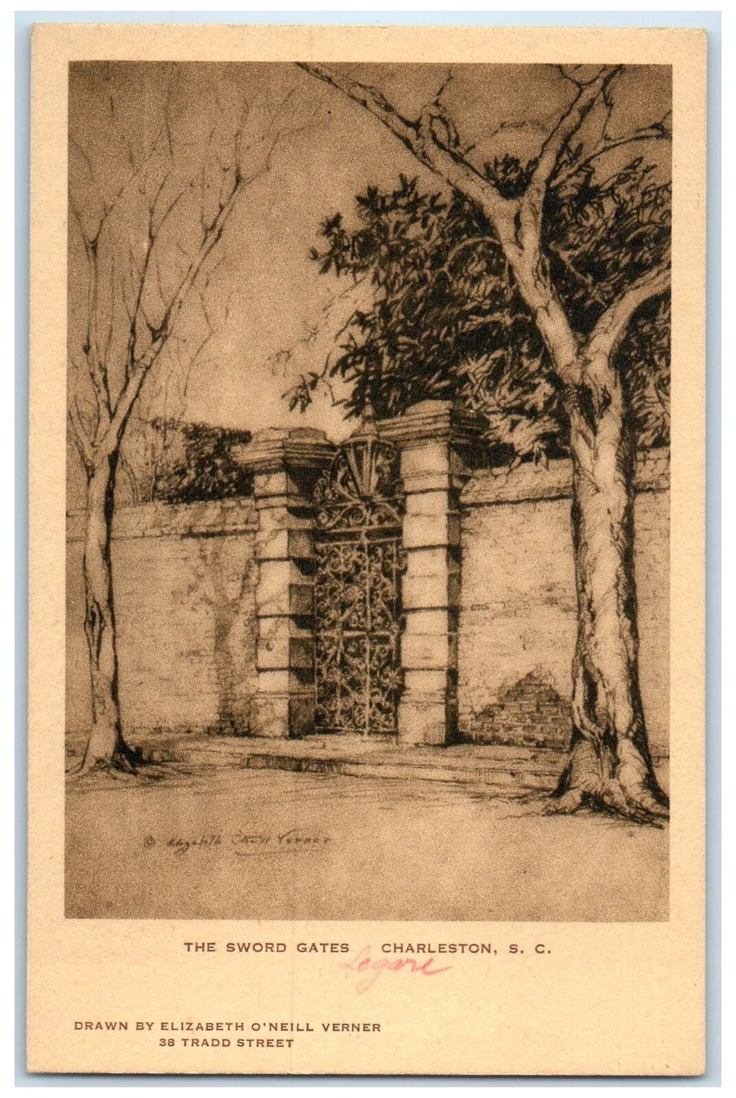 c1920\'s The Sword Gates Drawing Gateway Charleston South Carolina SC Postcard