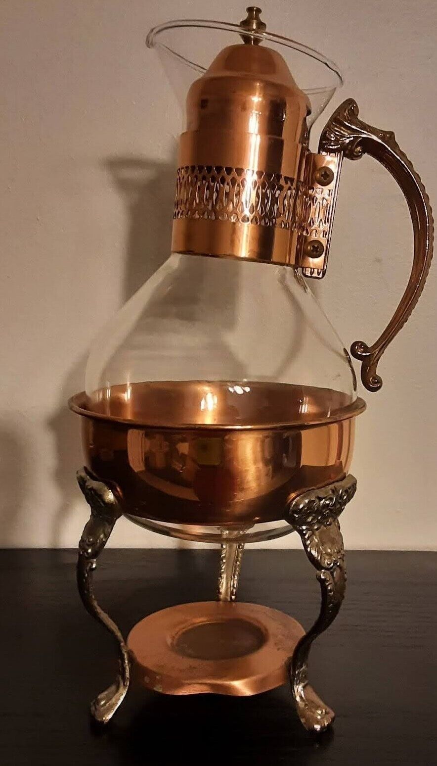 Vintage Copper Coffee Carafe Glass Pot with Warmer Stand