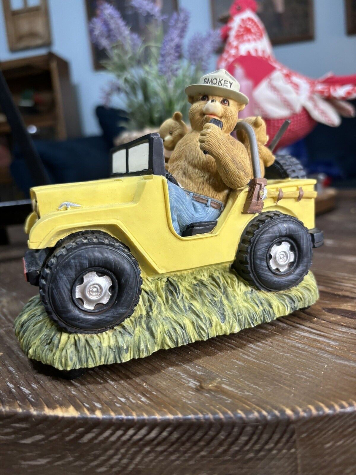 Lefton Smokey The Bear and Cubs In Jeep Music Box playing Country Roads 1996