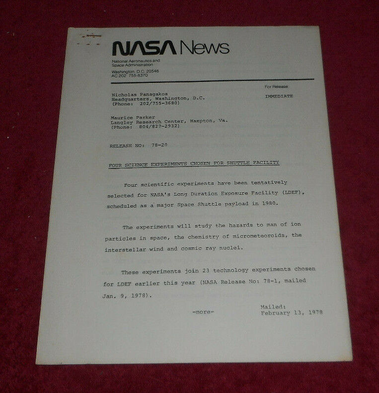NASA News 1978 Four Science Experiments Chosen Space Shuttle LDEF Facility