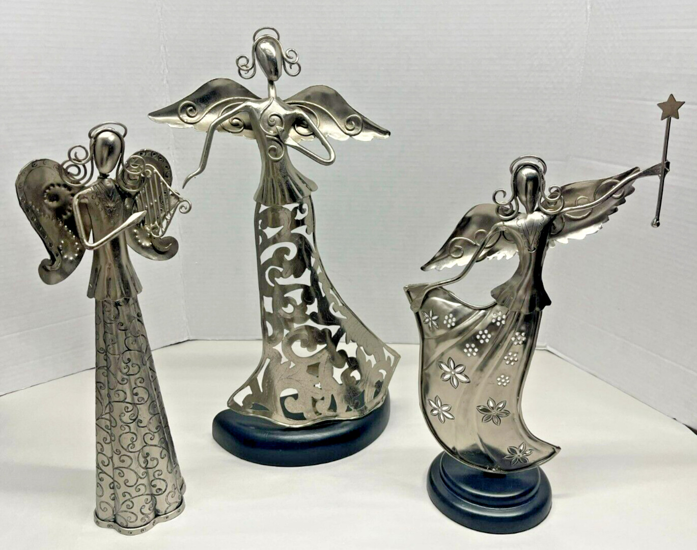 Vintage 3PC Silver Metal Angels - 2 Tealight Candle Holders, 1 Playing Harp